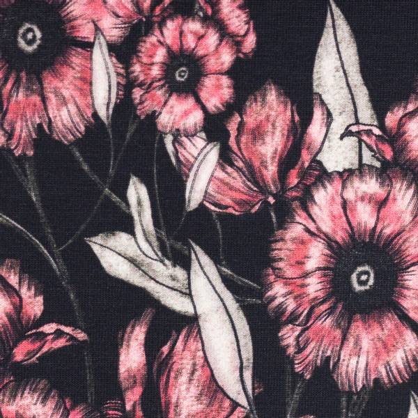 Bilde av Bomullsjersey - 8 cm rosa/pink blomsterhoder på sort