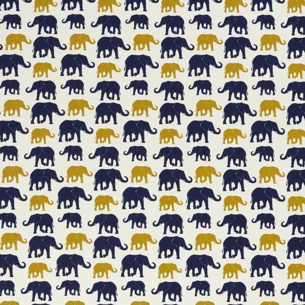 Bilde av Bomullsjersey - 3 cm marine/okergul elefant på offwhite