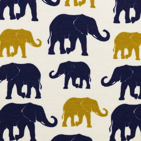 Bilde av Bomullsjersey - 3 cm marine/okergul elefant på offwhite