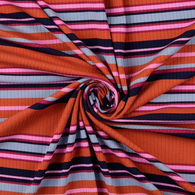 Hovedbilde Ribbjersey - retro striper, teglrød-rosa m. blå