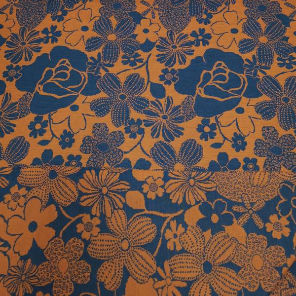 Bilde av Ull-jacquard jersey - 4-20 cm blomster, jeansblå/ brent oransje