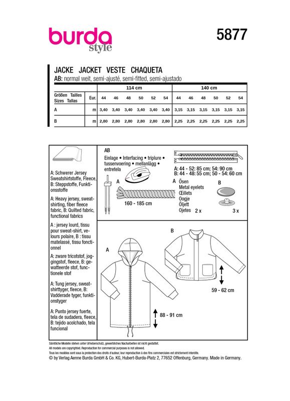 5877 - Burda - Jakke / cardigan m glidelås