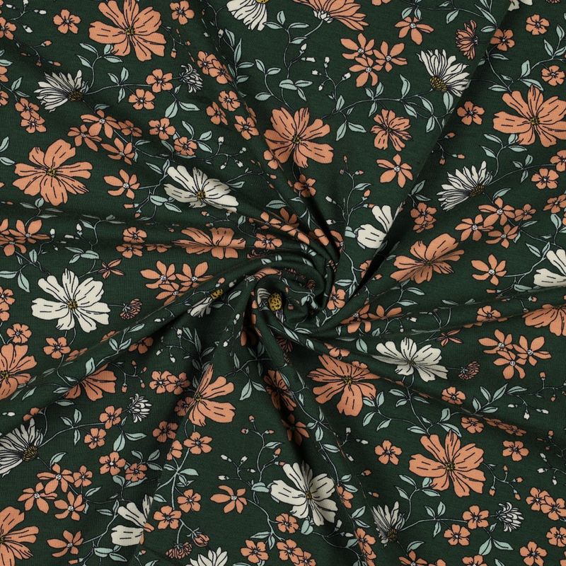 90 cm Bomullsjersey - blomster på mørkgrønn