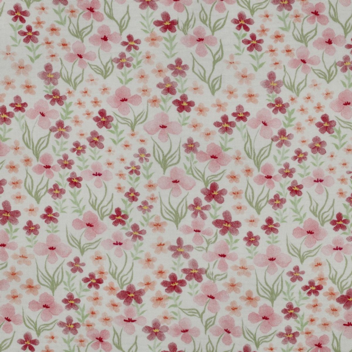 Musselin - rosa blomster på hvit