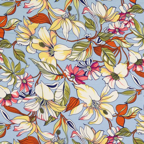 Bilde av Viskosejersey - store blomster & blader på lysblå