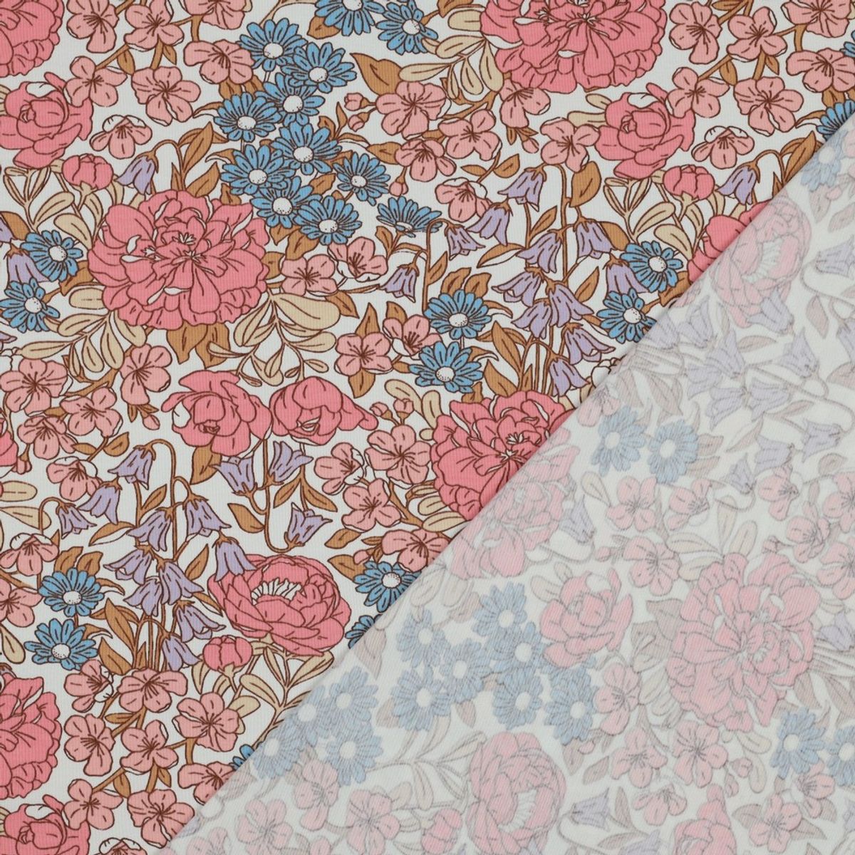Bomullsjersey - retroblomster, lys rød/blå/lilla