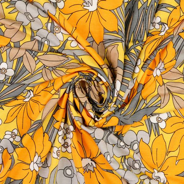 Bilde av Viskosejersey - store retroblomster oransje-grå