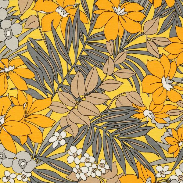 Bilde av Viskosejersey - store retroblomster oransje-grå
