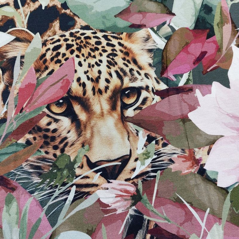 Viskosejersey - blomster og blader m. leopardhode