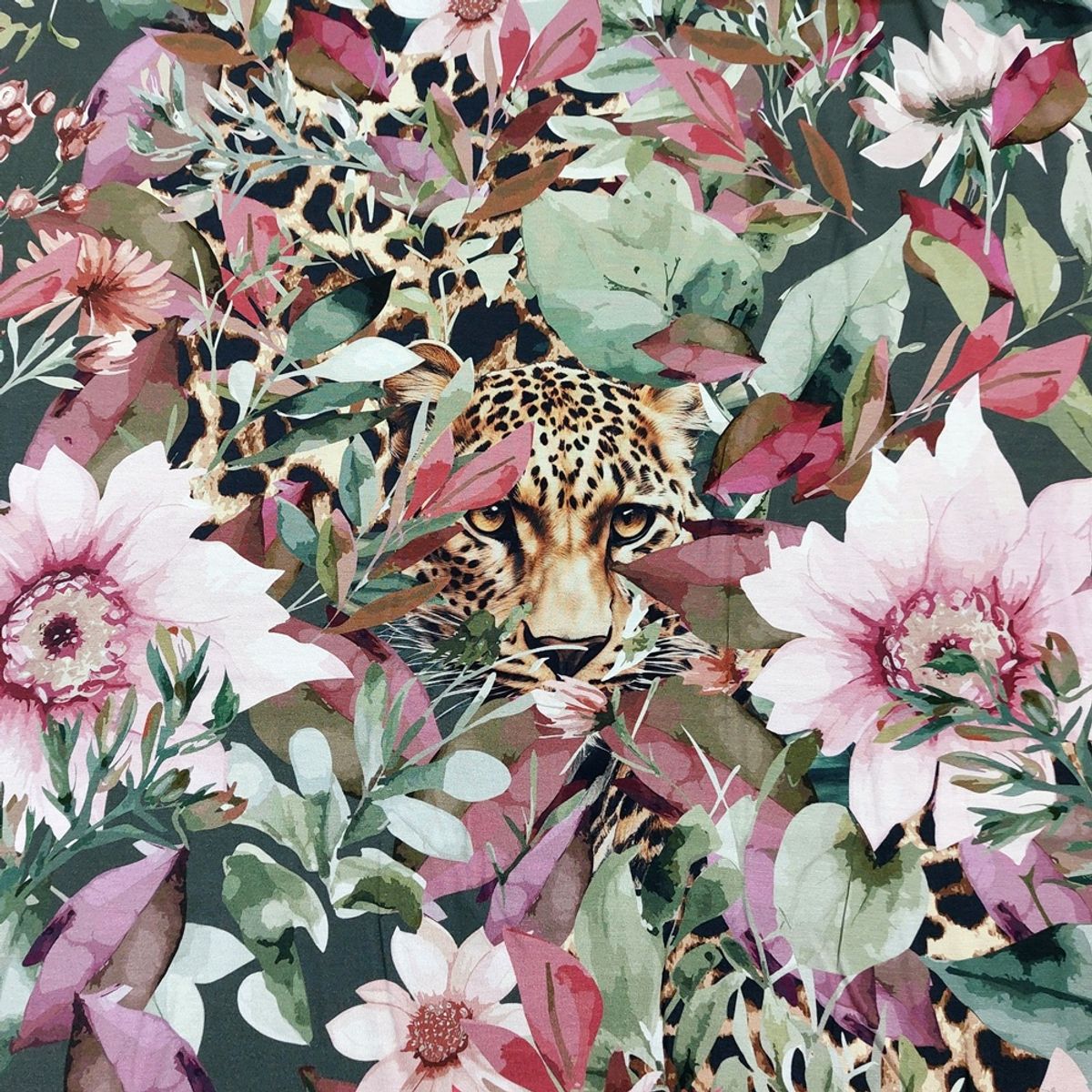 Viskosejersey - blomster og blader m. leopardhode