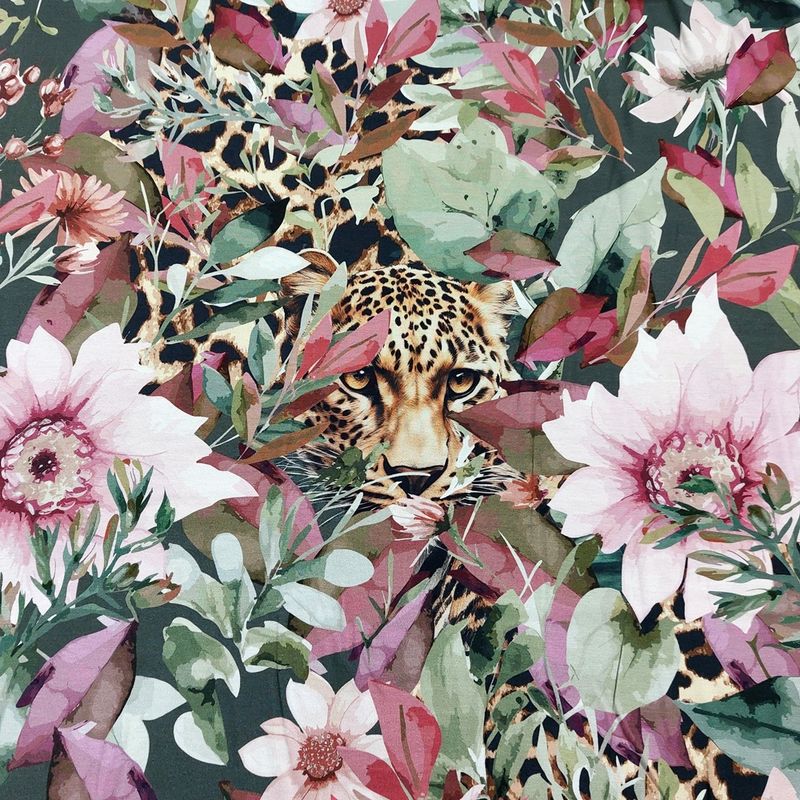 Viskosejersey - blomster og blader m. leopardhode
