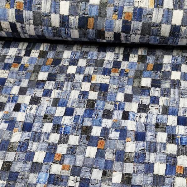Bilde av Viskosejersey - 1 cm jeansblå patchwork ruter